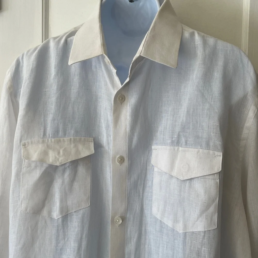 Calvin Klein Linen Shirt‎ Men’s Large White Roll Tab Sleeves Resort Quiet Luxury